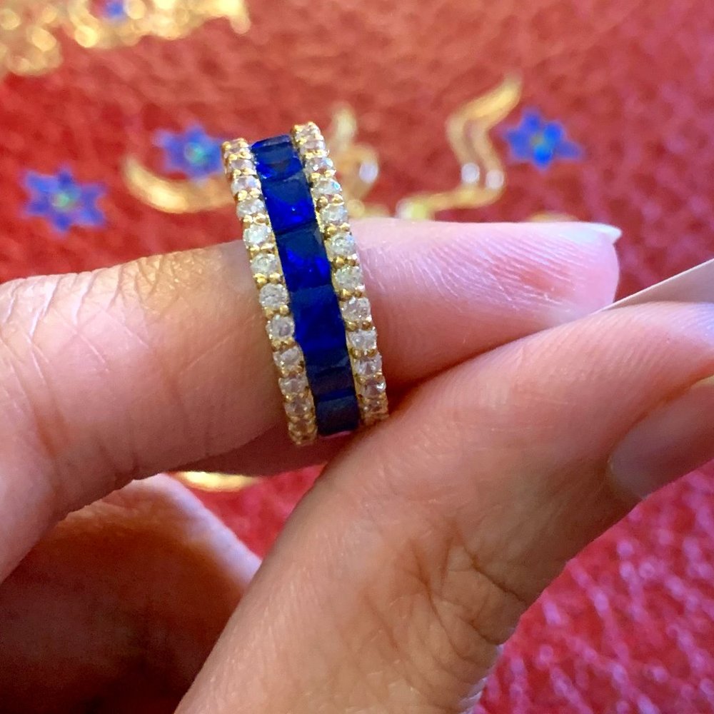 Blue and White Zircon Ring Band in 22K Gold
